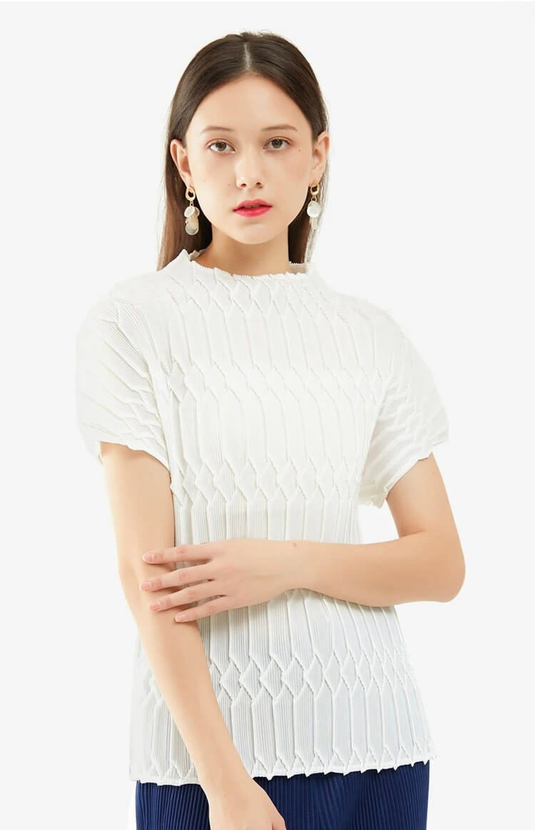 Miyake Pleated Slashneck Top white Women’s Handmade Casual pleats Loose T-shirts Short Sleeves Tops Blouses for woman Korean Japanese womens Fashion Issey Designer Luxury Clothes