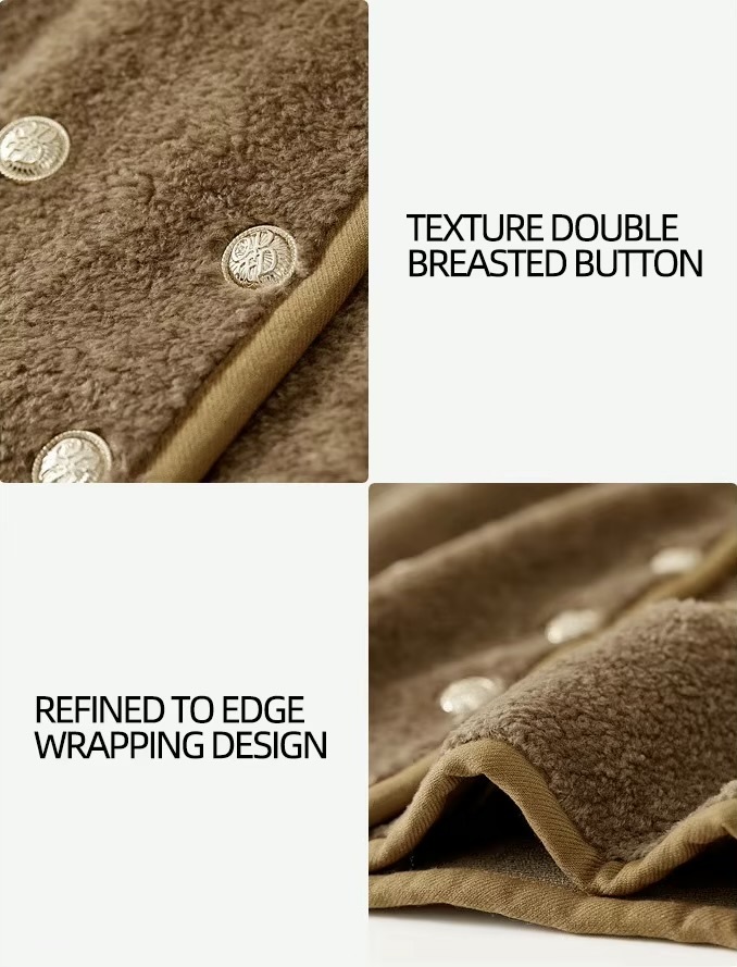 Fluffy Jacket    Women’s Winter short collarless long sleeves slit patch pockets piled Jackets for woman in light khaki brown coffee color round neck patch pocket at chest double breasted faux fur banded hem elegant fashion coats outwear womens Cropped Outerwears Quiet Soft #W44P58570X