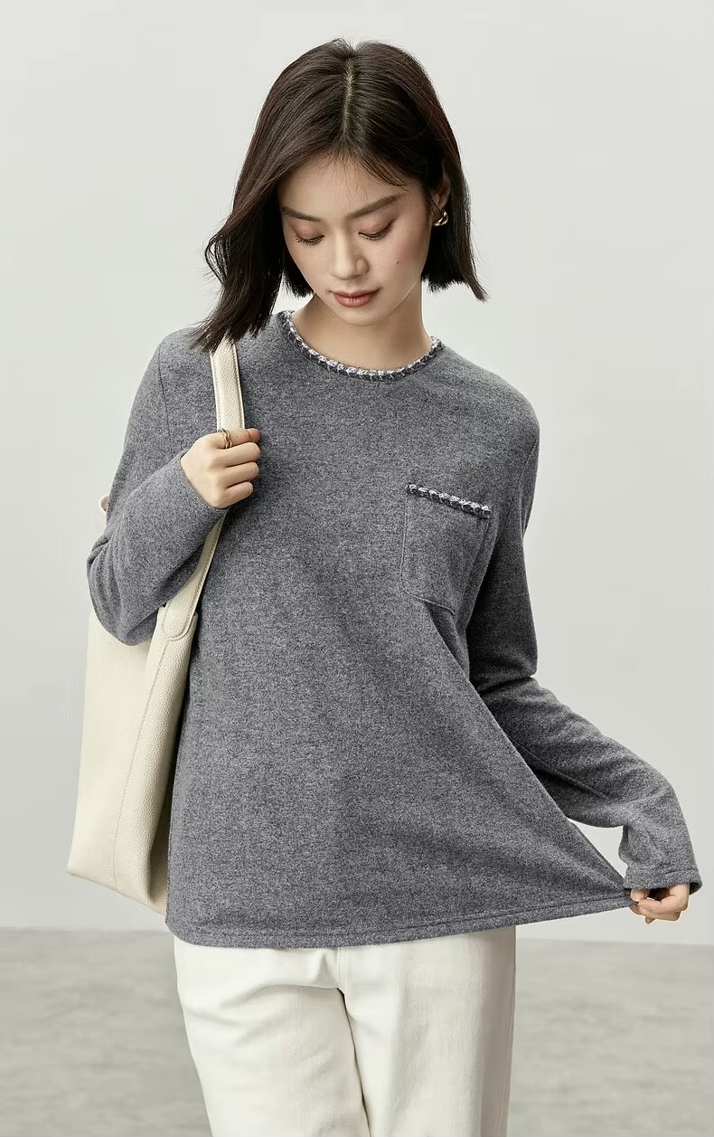 Modern Loose Knit T-Shirt Women’s casual viscose-blend woven tape O-neck long sleeves simple elegant Tops T-Shirts for woman in gray Fall Autumn Winter Women round crew neck Tees Crewneck patch chest pocket with twill accents grey T shirts Clothing #143T56913