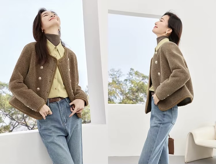 Fluffy Jacket    Women’s Winter short collarless long sleeves slit patch pockets piled Jackets for woman in light khaki brown coffee color round neck double breasted faux fur banded hem elegant fashion coats outwear womens Cropped Outerwears Quiet Soft #W44P58570X