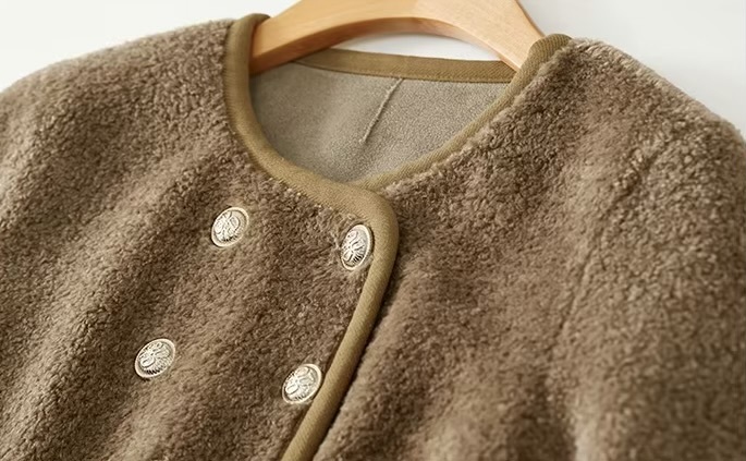 Fluffy Jacket    Women’s Winter short collarless long sleeves slit patch pockets piled Jackets for woman in light khaki brown coffee color round neck patch pocket at chest double breasted faux fur banded hem elegant fashion coats outwear womens Cropped Outerwears Quiet Soft #W44P58570X