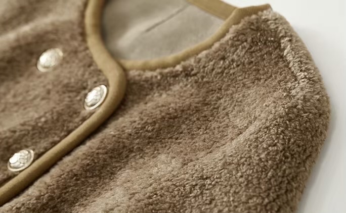Fluffy Jacket    Women’s Winter short collarless long sleeves slit patch pockets piled Jackets for woman in light khaki brown coffee color round neck patch pocket at chest double breasted faux fur banded hem elegant fashion coats outwear womens Cropped Outerwears Quiet Soft #W44P58570X