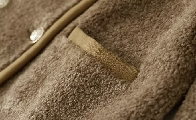 Fluffy Jacket    Women’s Winter short collarless long sleeves slit patch pockets piled Jackets for woman in light khaki brown coffee color round neck patch pocket at chest double breasted faux fur banded hem elegant fashion coats outwear womens Cropped Outerwears Quiet Soft #W44P58570X