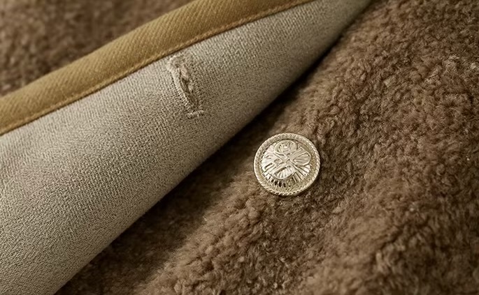 Fluffy Jacket    Women’s Winter short collarless long sleeves slit patch pockets piled Jackets for woman in light khaki brown coffee color round neck patch pocket at chest double breasted faux fur banded hem elegant fashion coats outwear womens Cropped Outerwears Quiet Soft #W44P58570X