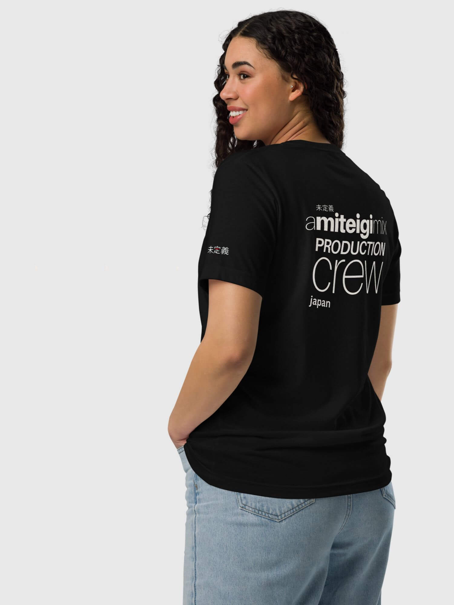 Eco miteigi Crew T-Shirt    Genderful Japanese Unisex anywear Women’s Men's Short Sleeves o-neck undefined a miteigi mix production crew Japan Casual Solid Color womens mens crew neck round Tops Crewneck T-Shirts for petite-, tall-, plus-, size man woman tees in black with platinum red cosmic latte letter design