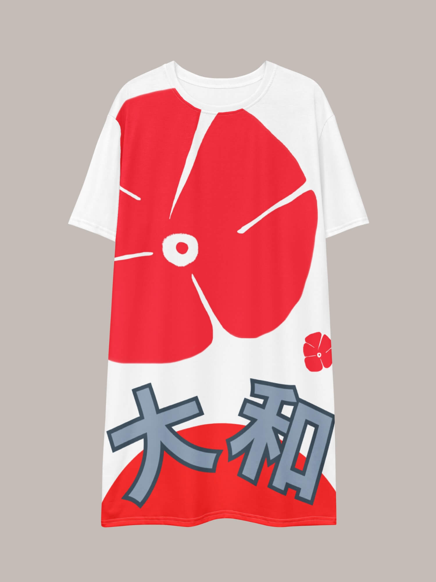 大和 T-Shirt Dress       Women’s Japanese Nihon look sakura rising sun crewneck short sleeves above knee midi dresses for woman in white with multi red print dusk blue letters and  in petite-, tall-, plus-, size Womens grunge punk goth y2k round o-neck hip Popstar 1950s bee bop look rockstar swing crew neck streetwear Japan “Yamato” T-shirts