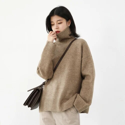 Loose Turtleneck Sweater Korean Women's Warm Solid Plus size Pullover Knitwear Basic Female Tops Autumn Winter Sweaters for Woman in khaki