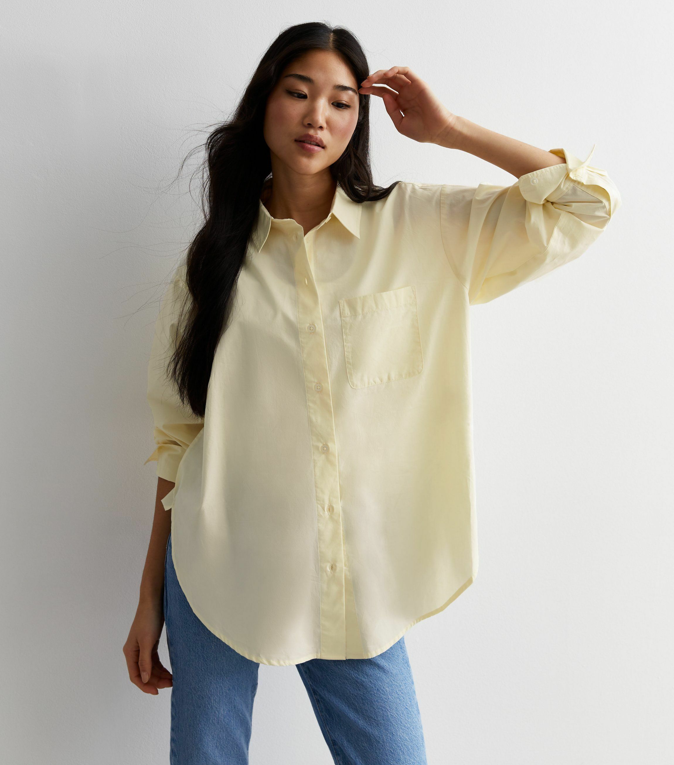 Poplin Cotton Shirt    Women’s Fresh Yellow Pure Cotton Loose bottoming tail Pocket Embroidered womens Turn-down collar Tops Long Sleeves Mika Shirts for woman in yellow Fall Autumn Spring workwear fashion season