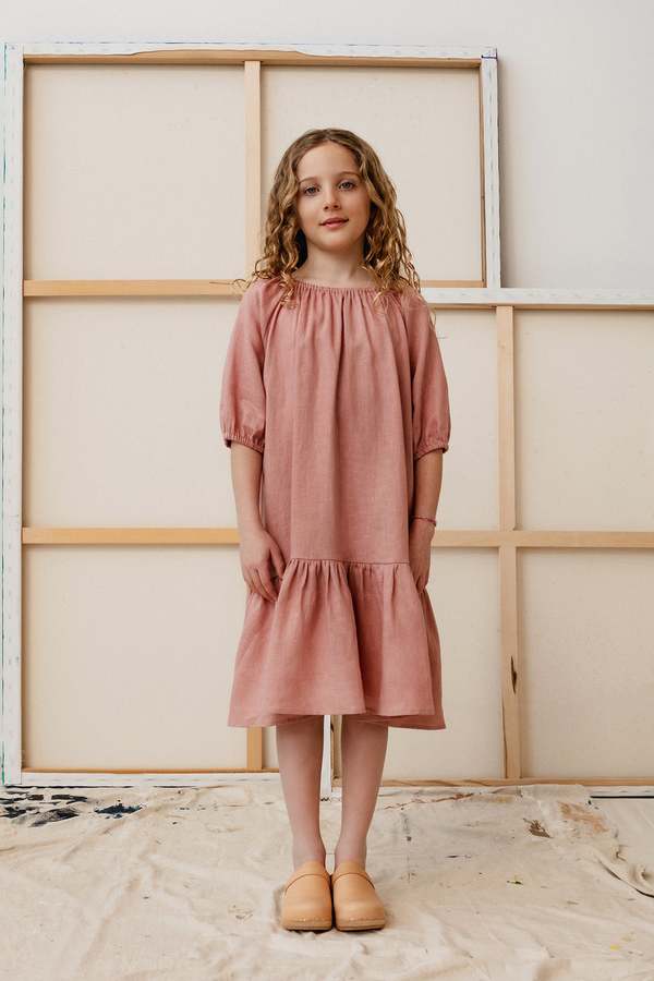 Kids Soft Linen Ruffle Dress  Summer Girls Children's Crewneck round o-neck Puff Sleeve Casual Loose fit Cotton-Linen Gather Dresses for Girl in Orange Tea Rose color