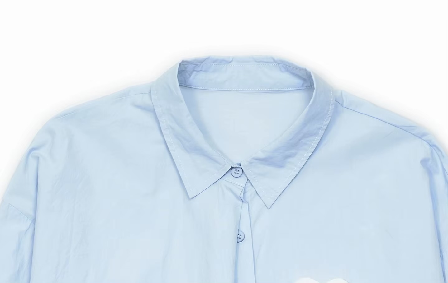 Japanese Cotton Love Shirt  Women’s slant hemp casual turn-down collar long sleeves with dropped shoulders and button cuffs, button up slanted angle close heart embroidery chest patch graphic in white Shirts for Woman in light blue Fall Autumn Spring womens tops  #244802