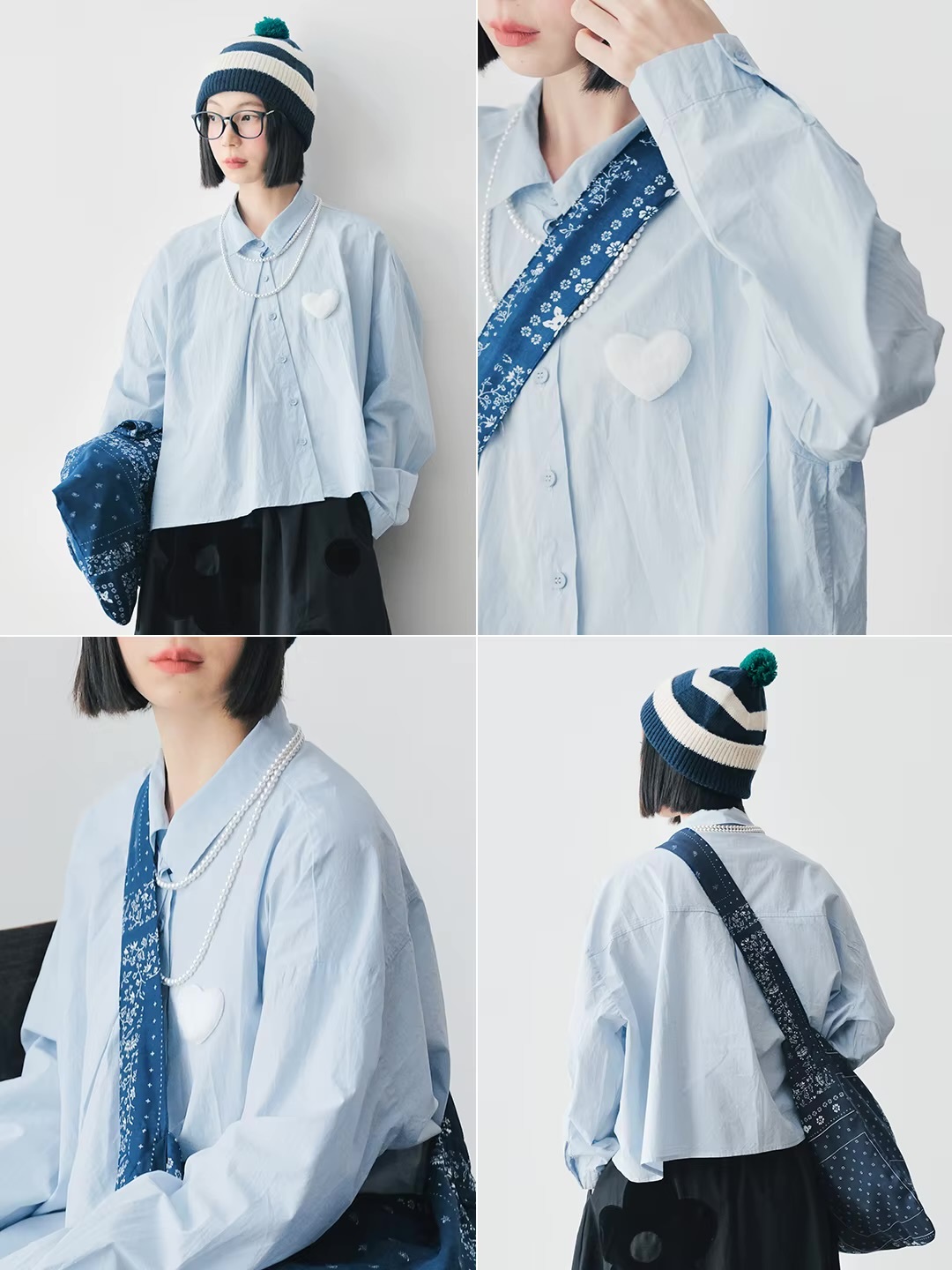 Japanese Cotton Love Shirt  Women’s slant hemp casual turn-down collar long sleeves with dropped shoulders and button cuffs, button up slanted angle close heart embroidery chest patch graphic in white Shirts for Woman in light blue Fall Autumn Spring womens tops  #244802