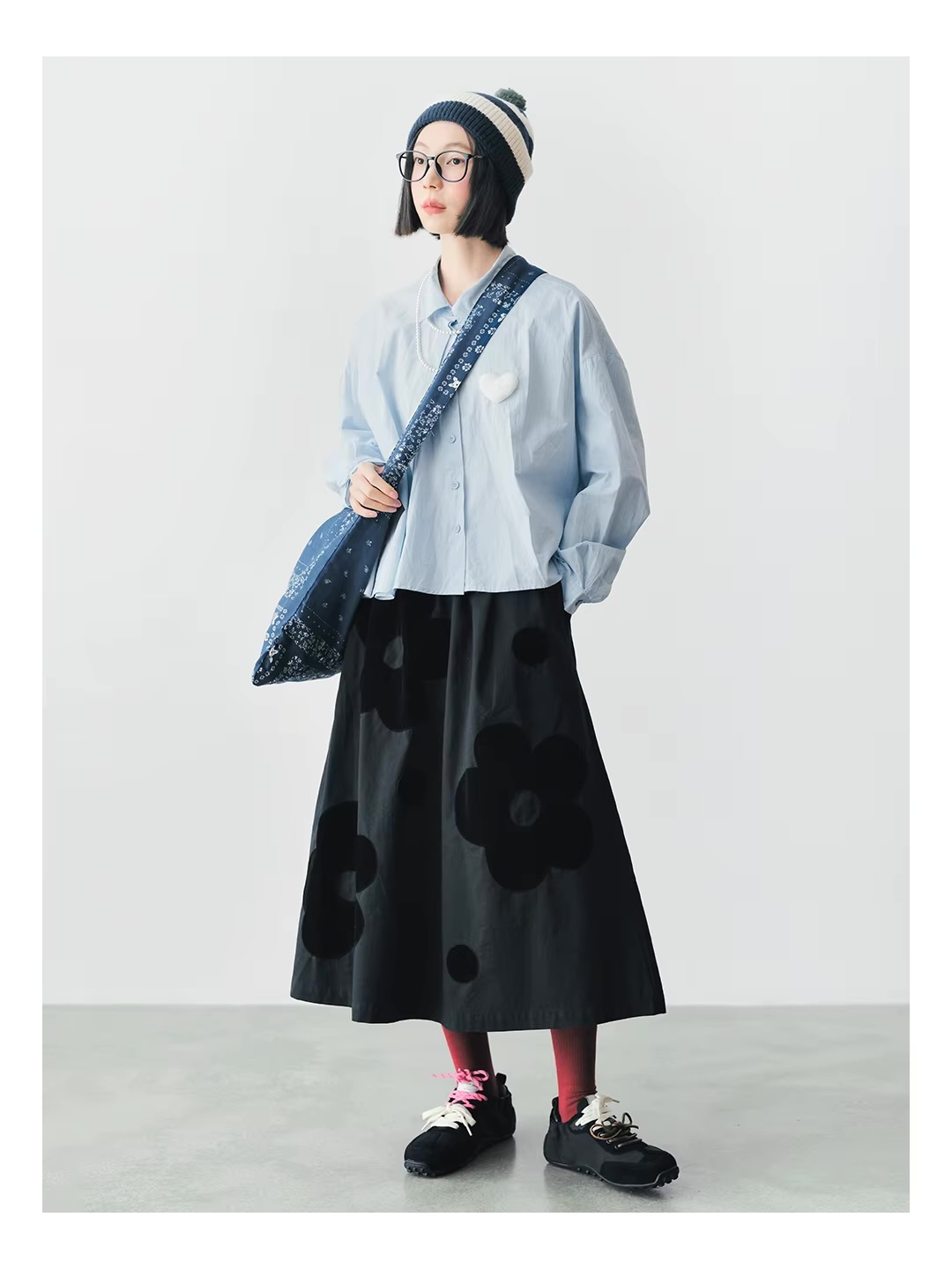 Japanese Cotton Love Shirt  Women’s slant hemp casual turn-down collar long sleeves with dropped shoulders and button cuffs, button up slanted angle close heart embroidery chest patch graphic in white Shirts for Woman in light blue Fall Autumn Spring womens tops  #244802