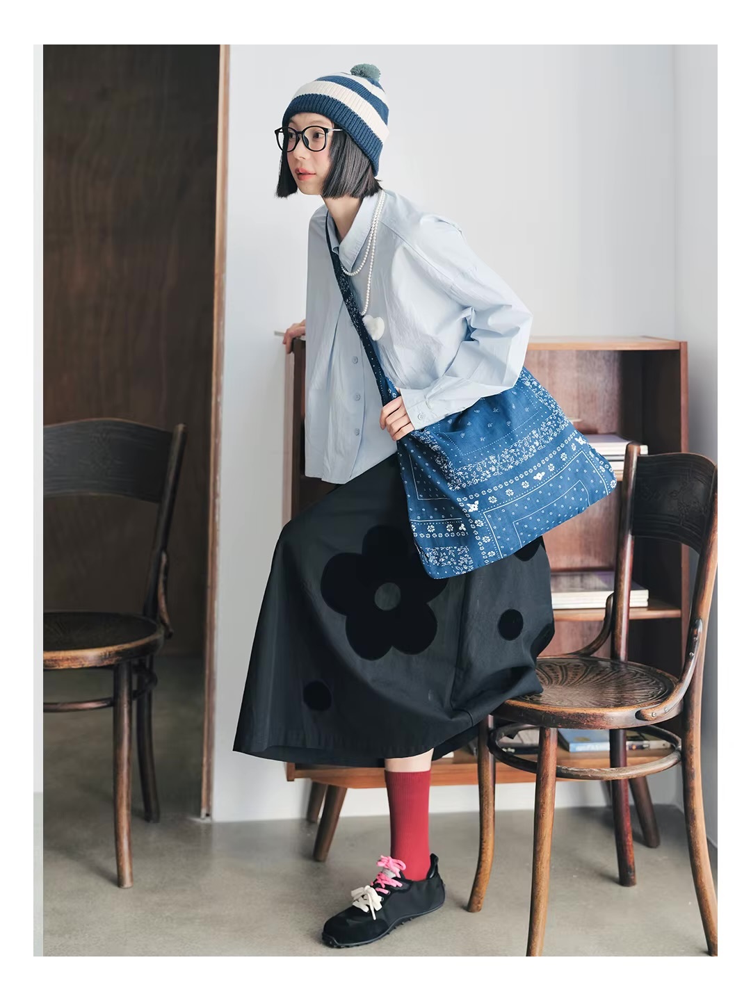 Japanese Cotton Love Shirt  Women’s slant hemp casual turn-down collar long sleeves with dropped shoulders and button cuffs, button up slanted angle close heart embroidery chest patch graphic in white Shirts for Woman in light blue Fall Autumn Spring womens tops  #244802