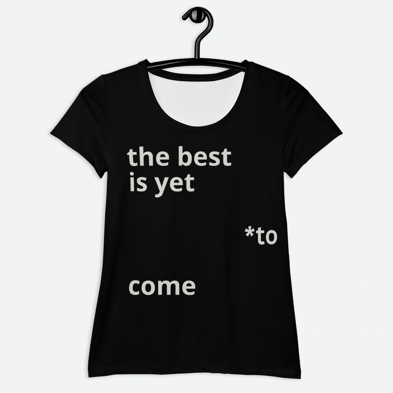 Women’s woman womens Crewneck short-sleeves relaxed fit  Letter Print Athletic T-Shirt black crew neck top Petite-, tall-, plus-, size round O-neck tops tees in black with “the best is yet *to come” Letter print white accent T-shirts