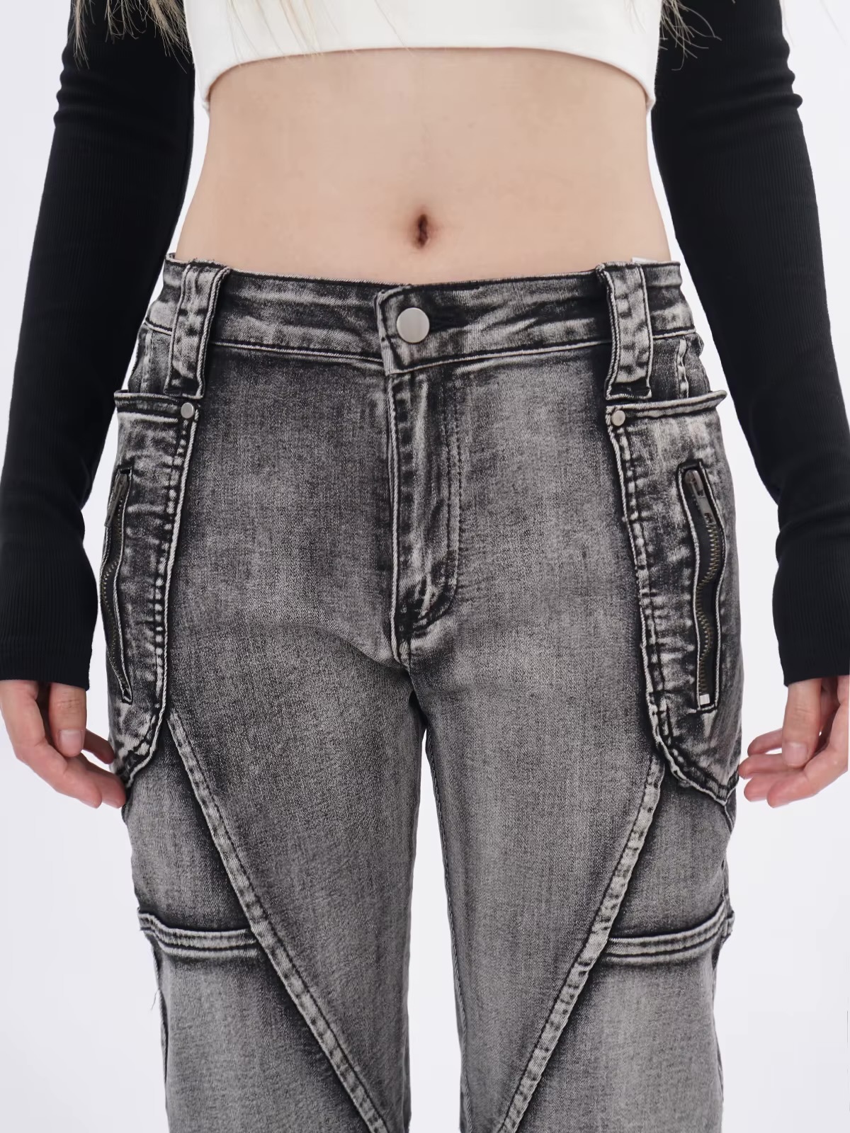 Women’s woman womens petite-, tall-, plus-, size Gothic punkrock indie Y2k Low rise Waist Wide Leg Retro Workwear Pocket Washed distressed Bell Bottom Straight Leg Trousers for Ladies in distressed Denim Jeans in Gray grey