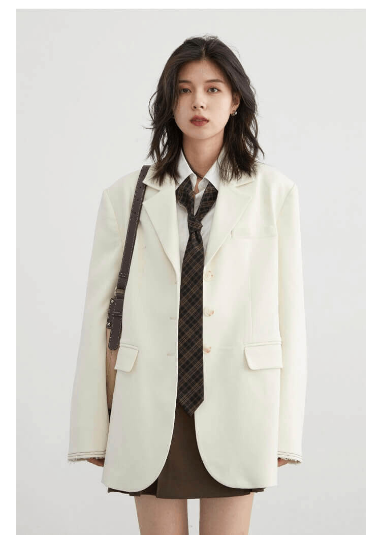 Padded Blazer   Women's Wide Shoulder Pad Female Jacket Contrast Line Suit Coat Office Ladies Clothing Autumn Spring Blazers Outerwear Jackets for Woman in White