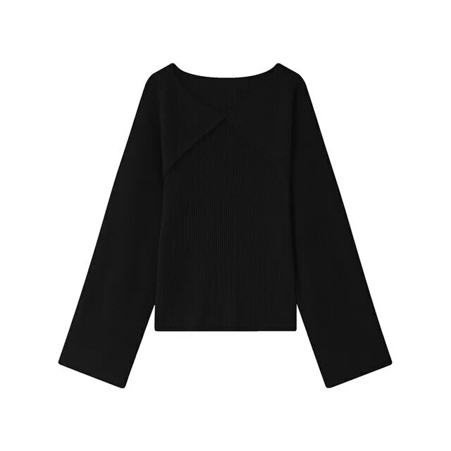 Wide Sleeve Top  Women's Spring Pit Stripe Ribbed Knitted Shirt for Casual Metal Buckle Decoration Wide Sleeve Tube Long Sleeves Pullover womens Shirts Blouses Metal buckle Tops for woman in black VC