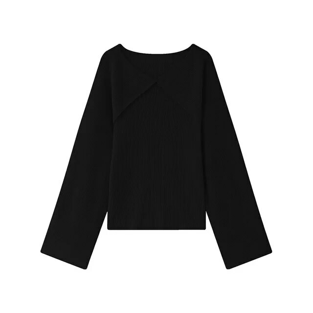 Wide Sleeve Top  Women's Spring Pit Stripe Ribbed Knitted Shirt for Casual Metal Buckle Decoration Wide Sleeve Tube Long Sleeves Pullover womens Shirts Blouses Metal buckle Tops for woman in black VC