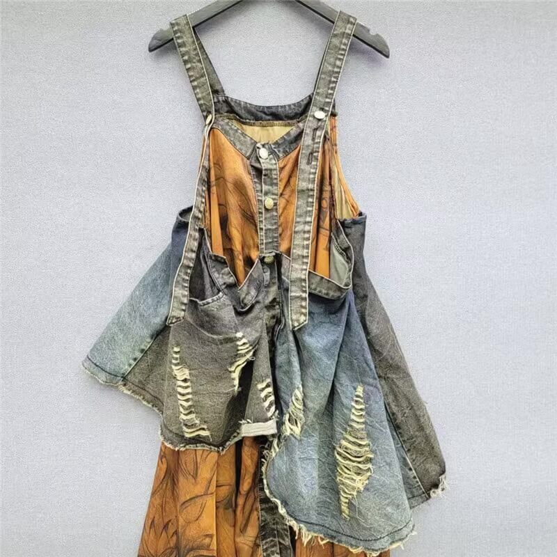 Patchwork Denim Sling Dress Women’s Vintage Women's Patchwork Denim Design irregular hem sleeveless overall romper dungarees sling dresses in brown blue multi color Female womens Spring Summer Fall Autumn petite-, tall-, plus-, size Design distressed jumpsuit Fashion #1LS868
