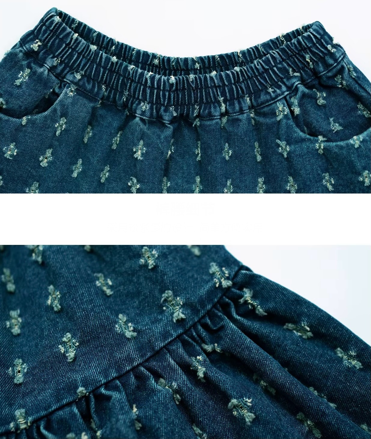 Boho Mini Skirt  Women’s pure cotton hollowed out frayed floral petals casual A-line denim pleated folds elastic waist natural waistline mini skirts for woman in aqua-marine dark blue with tassels hem Womens Japanese preppy pleats bohemian original style streetwear petite-, tall-, plus- size bohemia fashion #234126