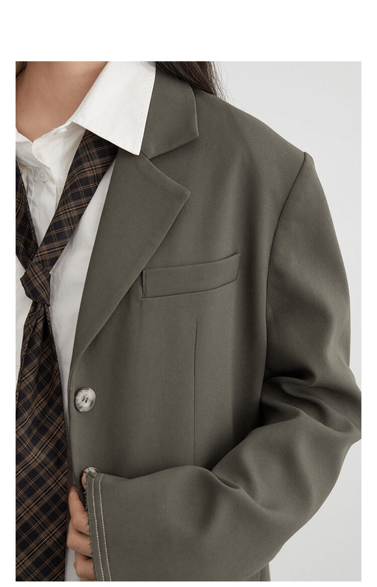 Padded Blazer   Women's Wide Shoulder Pad Female Jacket Contrast Line Suit Coat Office Ladies Clothing Autumn Spring Blazers Outerwear Jackets for Woman in Army Green