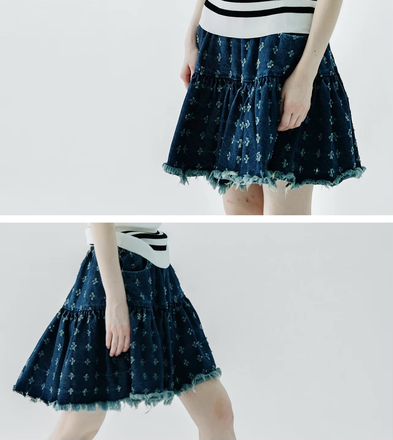 Boho Mini Skirt  Women’s pure cotton hollowed out frayed floral petals casual A-line denim pleated folds elastic waist natural waistline mini skirts for woman in aqua-marine dark blue with tassels hem Womens Japanese preppy pleats bohemian original style streetwear petite-, tall-, plus- size bohemia fashion #234126