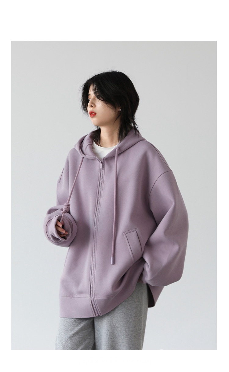 Soft Zip Hoodie   Women's Drawcord Sweatshirt  Hoodies Solid Loose Casual Hooded Female Tops Lady Coat Medium Length Overcoat Spring Autumn Fitness Sportswear Plus size Sweatshirts for Woman in Lilac Purple