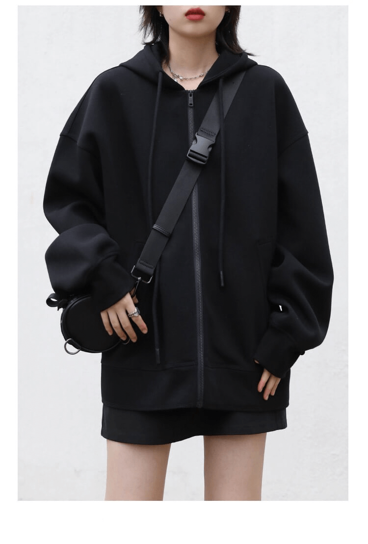 Soft Zip Hoodie   Women's Drawcord Sweatshirt  Hoodies Solid Loose Casual Hooded Female Tops Lady Coat Medium Length Overcoat Spring Autumn Fitness Sportswear Plus size Sweatshirts for Woman in Black