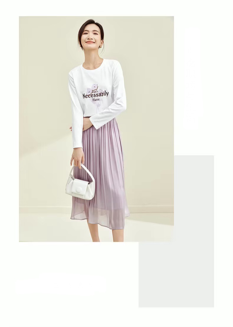Midi Skirt + Top 2-Piece Set      Women's Print Knit Cotton long sleeves Don’t Necessarily Have Letter Floral flowers graphic Boatneck T-shirt in white and Elegant A-line Pleated Folds Mid-calf polyester high rise elastic waist  Midi-Skirts in light lilac purple Matching T-Shirts Tee Woman plus size Sets #133Z51646