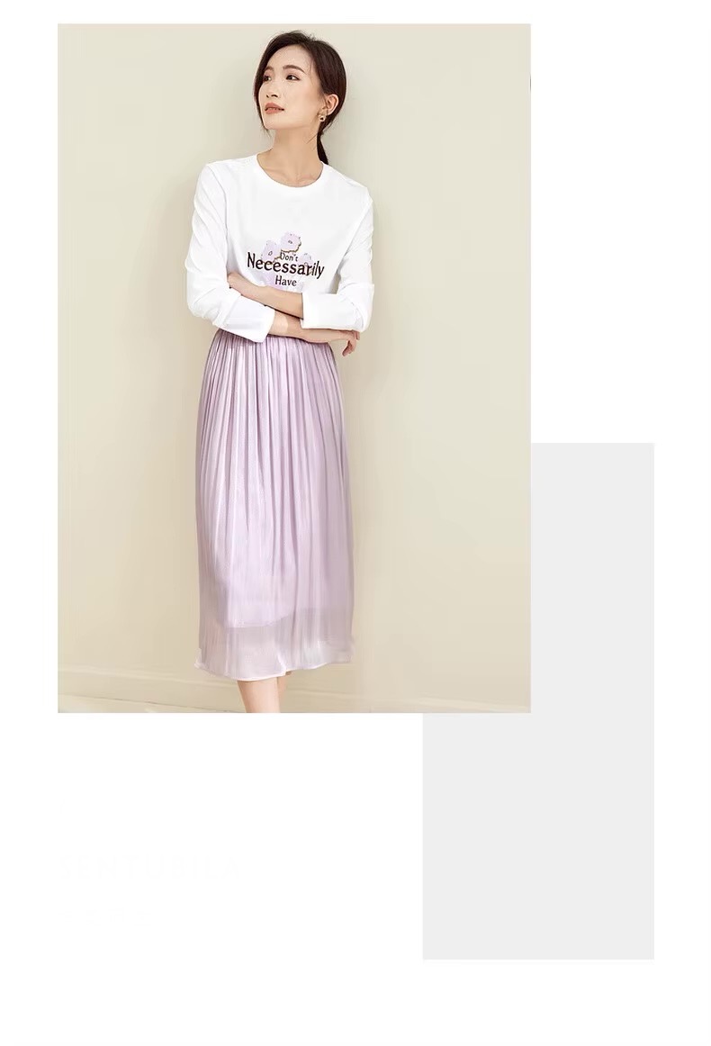 Midi Skirt + Top 2-Piece Set      Women's Print Knit Cotton long sleeves Don’t Necessarily Have Letter Floral flowers graphic Boatneck T-shirt in white and Elegant A-line Pleated Folds Mid-calf polyester high rise elastic waist  Midi-Skirts in light lilac purple Matching T-Shirts Tee Woman plus size Sets #133Z51646