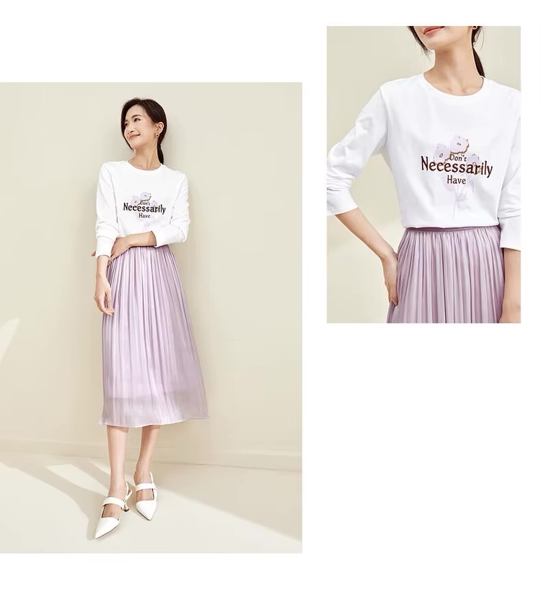 Midi Skirt + Top 2-Piece Set      Women's Print Knit Cotton long sleeves Don’t Necessarily Have Letter Floral flowers graphic Boatneck T-shirt in white and Elegant A-line Pleated Folds Mid-calf polyester high rise elastic waist  Midi-Skirts in light lilac purple Matching T-Shirts Tee Woman plus size Sets #133Z51646