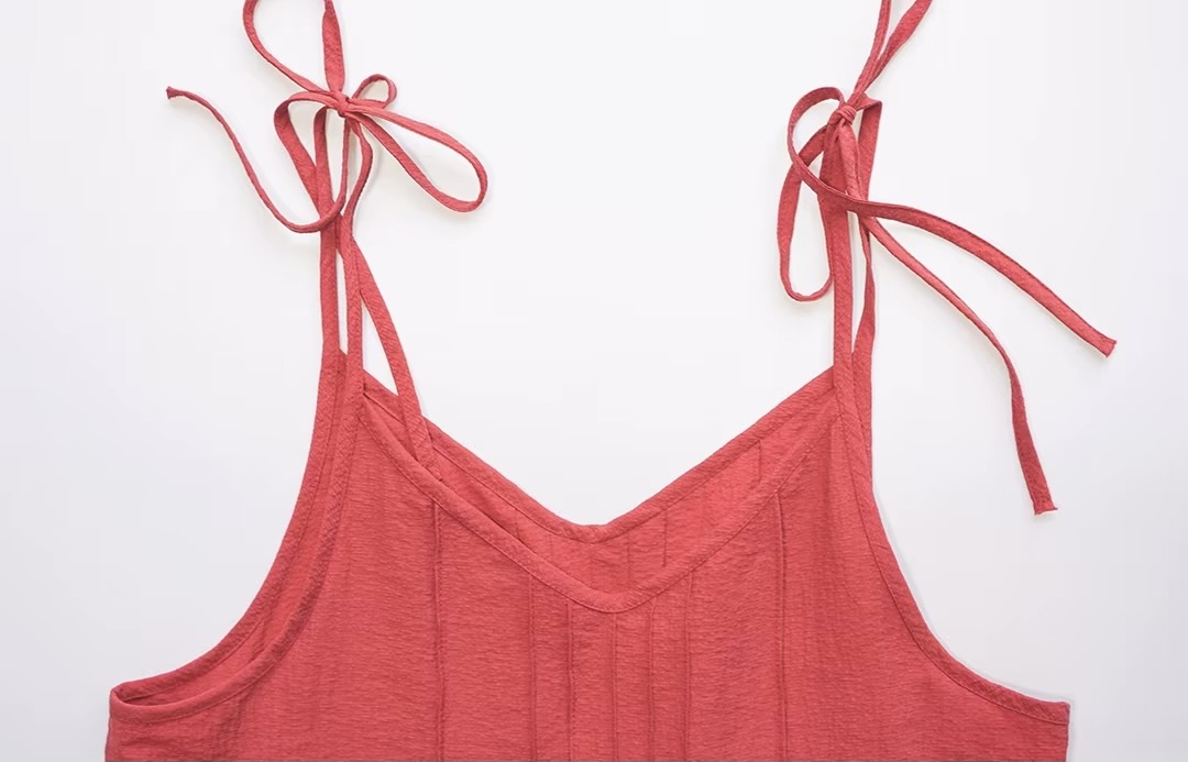 Suspender Top   Women’s  original bow-tie spaghetti straps squareneck pleated folds short niche commuting Korean sweet preppy harajuku tops tank top Vests for woman in red Japanese spring summer womens pleats fashion wine-red color style #244701