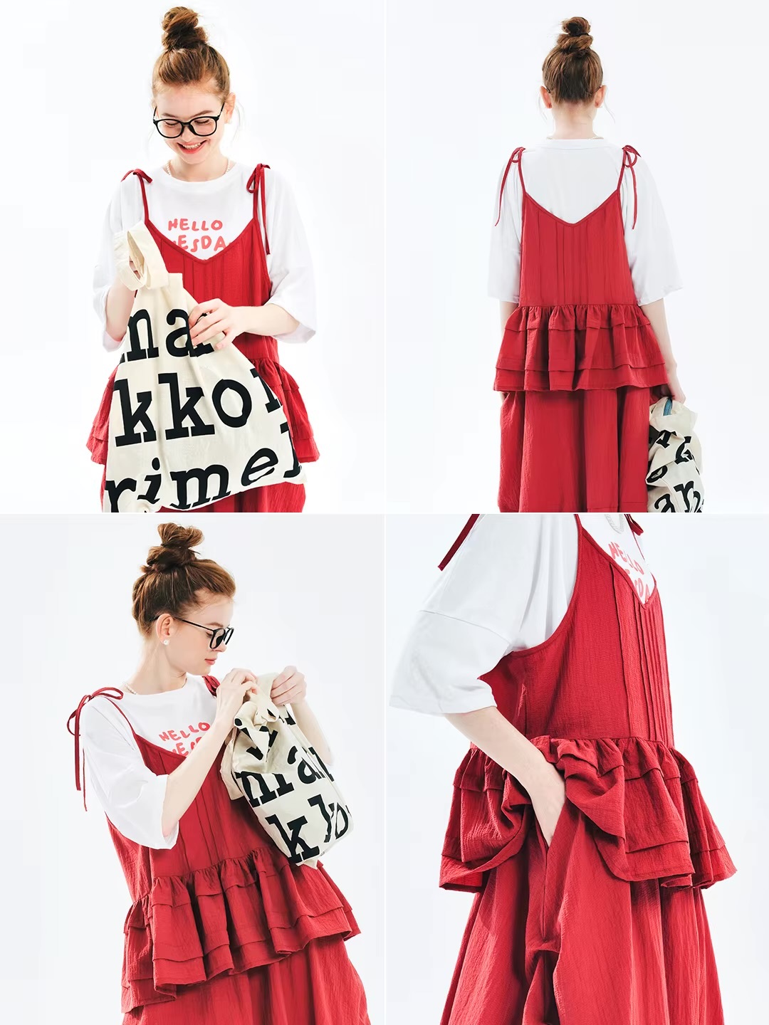 Suspender Top   Women’s  original bow-tie spaghetti straps squareneck pleated folds short niche commuting Korean sweet preppy harajuku tops tank top Vests for woman in red Japanese spring summer womens pleats fashion wine-red color style #244701