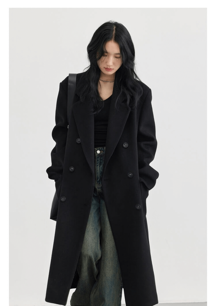 Long Woolen Coat  Women's Double Breasted Trench Windbreak Female Wool Chesterfield Overcoat Solid Autumn Winter Womens Outerwear Petite size Coats for Woman in Black