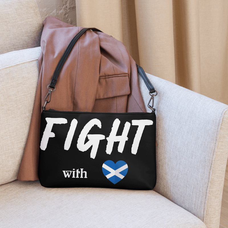 Unisex Men’s Women’s Classic Vintage PU faux vegan leather Belt miteigi Branded Fight with Scottish Heart Letter Scotland Country flag Print Chest Bags Hip Hop Streetwear for Man Woman in black, with white and blue accent colors, mens womens cause message handbags