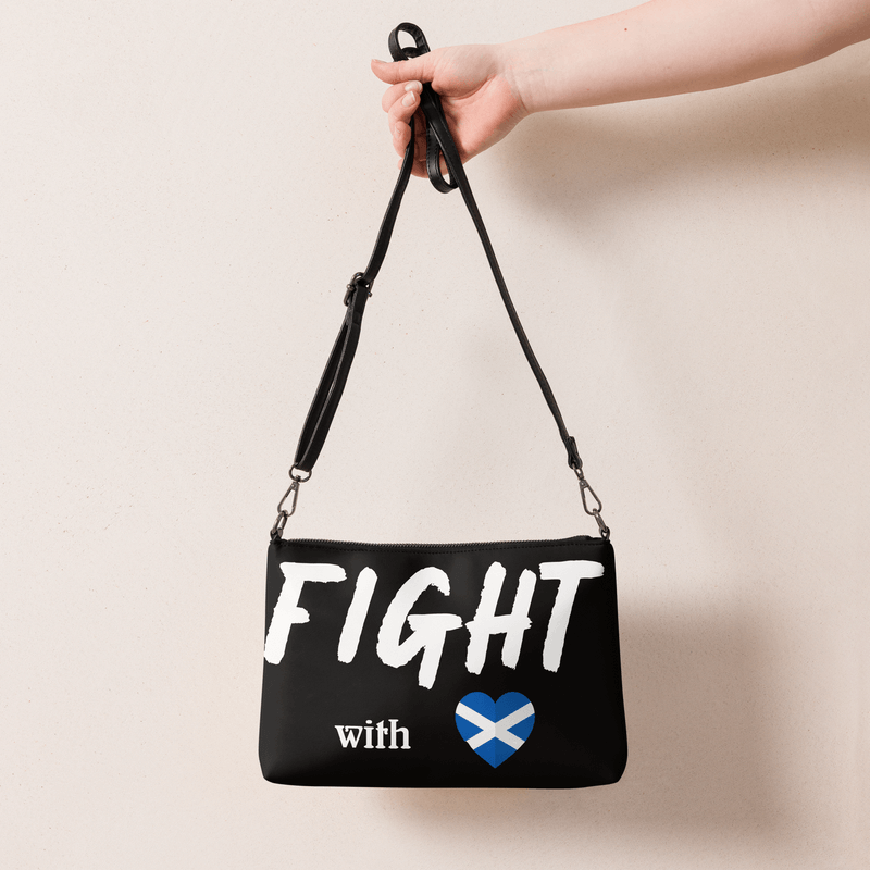 Unisex Men’s Women’s Classic Vintage PU faux vegan leather Belt miteigi Branded Fight with Scottish Heart Letter Scotland Country flag Print Chest Bags Hip Hop Streetwear for Man Woman in black, with white and blue accent colors, mens womens cause message handbags