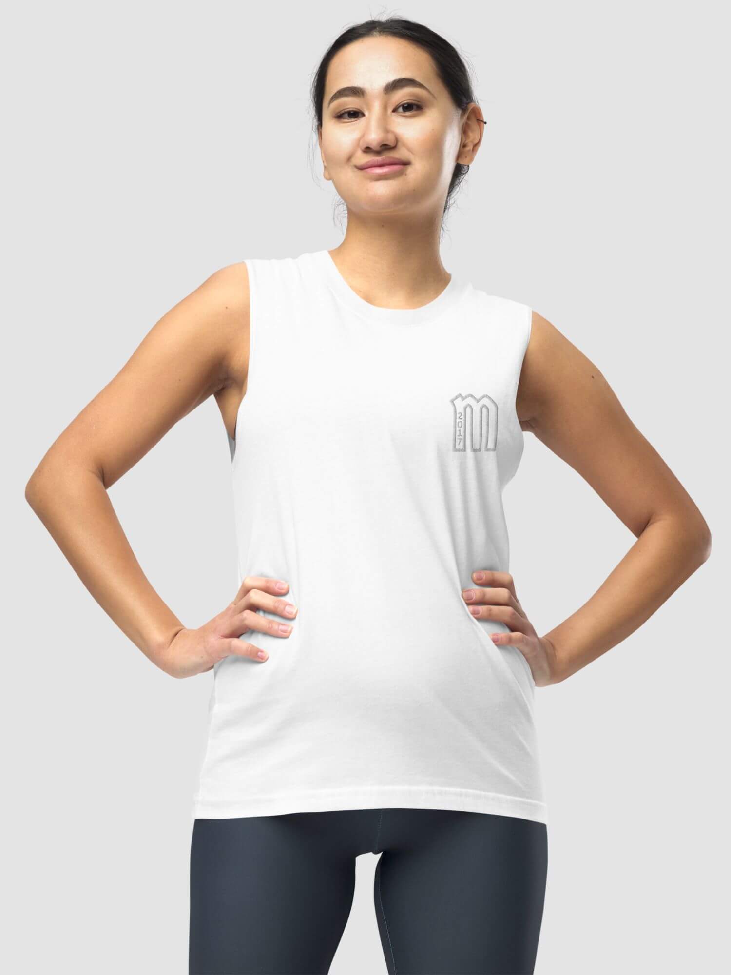 Muscle T-Shirt  Genderful Women’s sleeveless crewneck Tops for Woman in White with miteigi Letter EST embroidered Tees Round O-neck petite-, tall-, plus-, size regular fit Tank Top Unisex anywear Bella + Canvas T-shirts