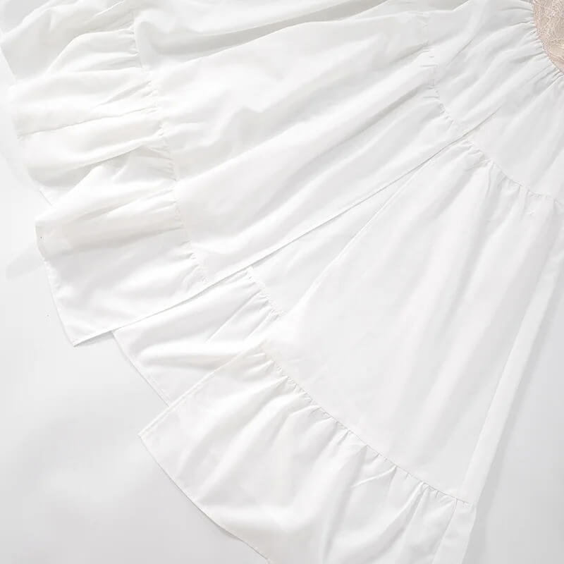 Women’s woman womens Elegant Halter crewneck lace patchwork Sexy crew O Neck sleeveless backless thigh high split A-line long maxi dress in white, with cream-beige accent summer vacation holiday getaway evening fashion