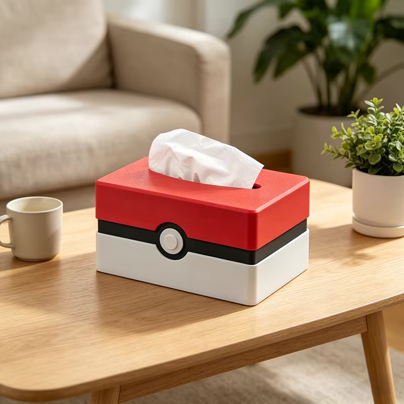Japanese Pokemon Pikachu 16cm Anime Pokeball Cartoon Poke Ball Style Tissue Box 3D Print Storage Box Creativity Model Anime Peripheral Desk Decoration Gifting in red white with black