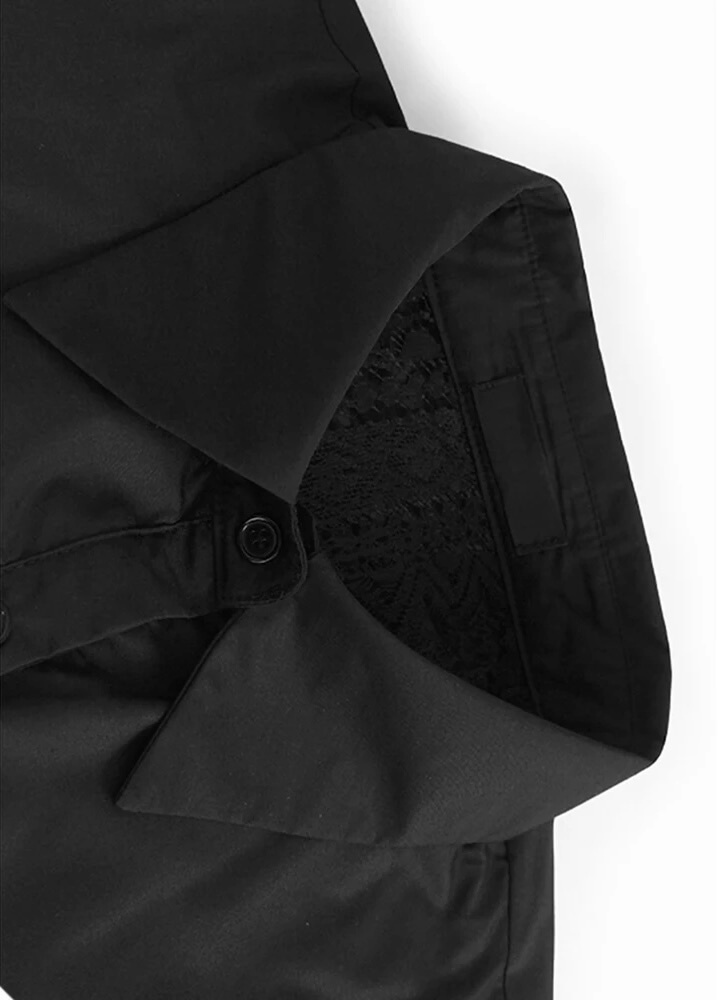 Women’s woman womens hollow out lace perspective big size lapel turn-down collar button-up short sleeves Fashion Tide Spring Summer holiday getaway vacation Midi Shirt Dress dresses in black