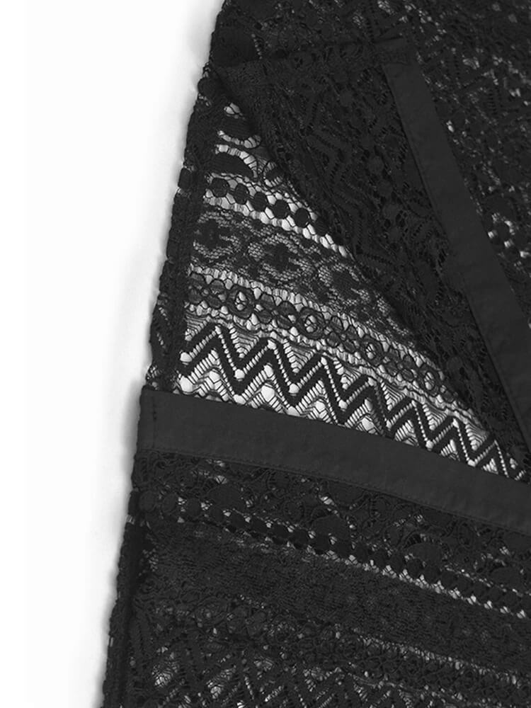 Women’s woman womens hollow out lace perspective big size lapel turn-down collar button-up short sleeves Fashion Tide Spring Summer holiday getaway vacation Midi Shirt Dress dresses in black