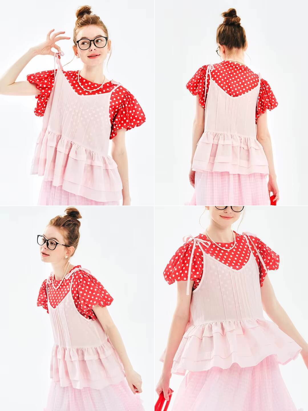 Suspender Top pink   Women’s  original bow-tie spaghetti straps squareneck pleated folds short niche commuting Korean sweet preppy harajuku camis tops tank top Vests for woman Japanese spring summer womens pleats fashion wine-red color camisole style #244701