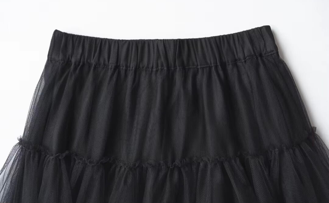 Mesh Lantern Skirt     Women’s asymmetrical elasticated waist natural waistline irregular lantern half knee length pleated folds skirts for woman in black Spring Summer womens streetwear fashion pleats style #244646