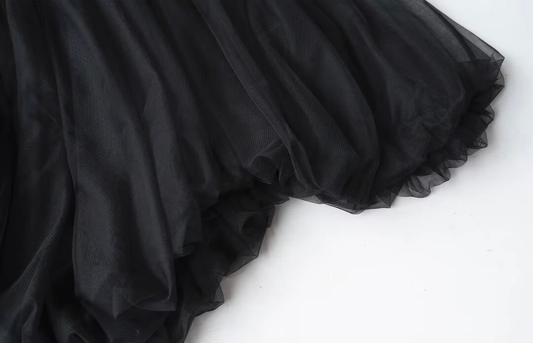 Mesh Lantern Skirt     Women’s asymmetrical elasticated waist natural waistline irregular lantern half knee length pleated folds skirts for woman in black Spring Summer womens streetwear fashion pleats style #244646