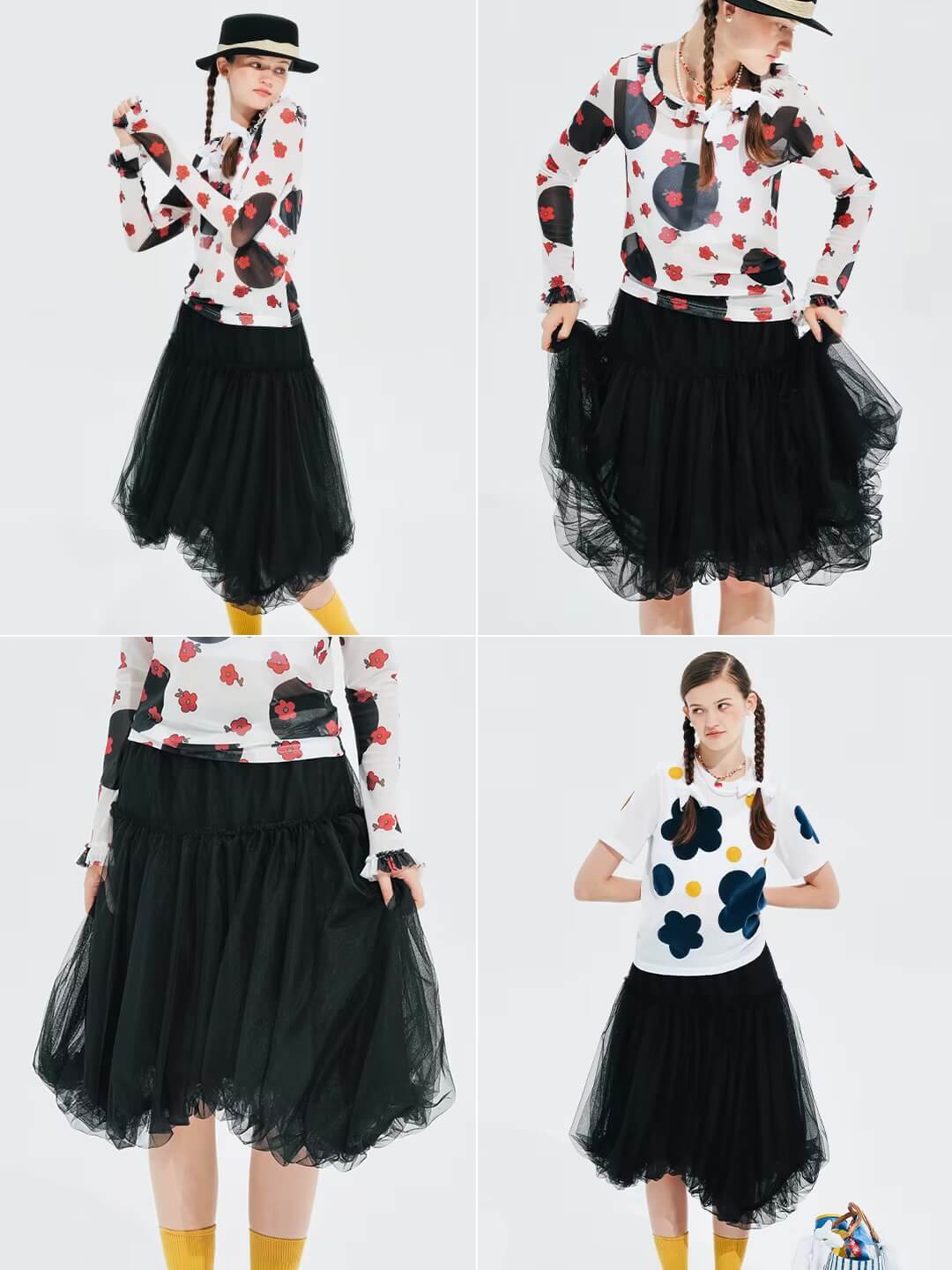 Mesh Lantern Skirt     Women’s asymmetrical elasticated waist natural waistline irregular lantern half knee length pleated folds skirts for woman in black Spring Summer womens streetwear fashion pleats style #244646
