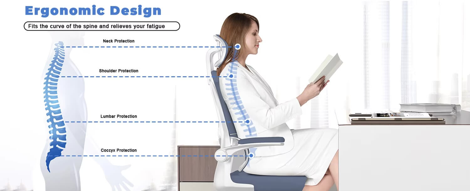 Ergonomic Office Chair with Lumbar Support, Home study room Office Desk Computer Chairs Adjustable Headrest and Flip-up Armrests chairs in blue