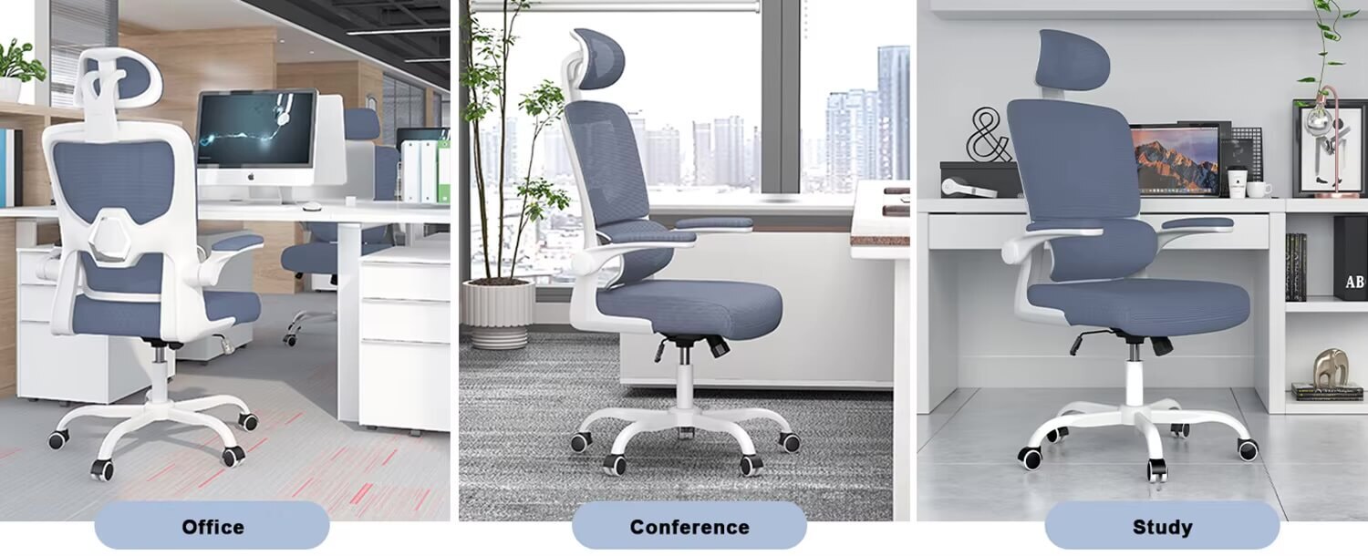 Ergonomic Office Chair with Lumbar Support, Home study room Office Desk Computer Chairs Adjustable Headrest and Flip-up Armrests chairs in blue