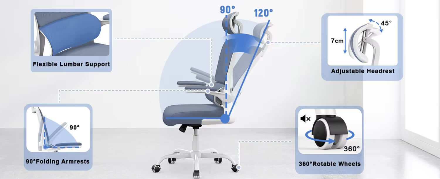 Ergonomic Office Chair with Lumbar Support, Home study room Office Desk Computer Chairs Adjustable Headrest and Flip-up Armrests chairs in blue