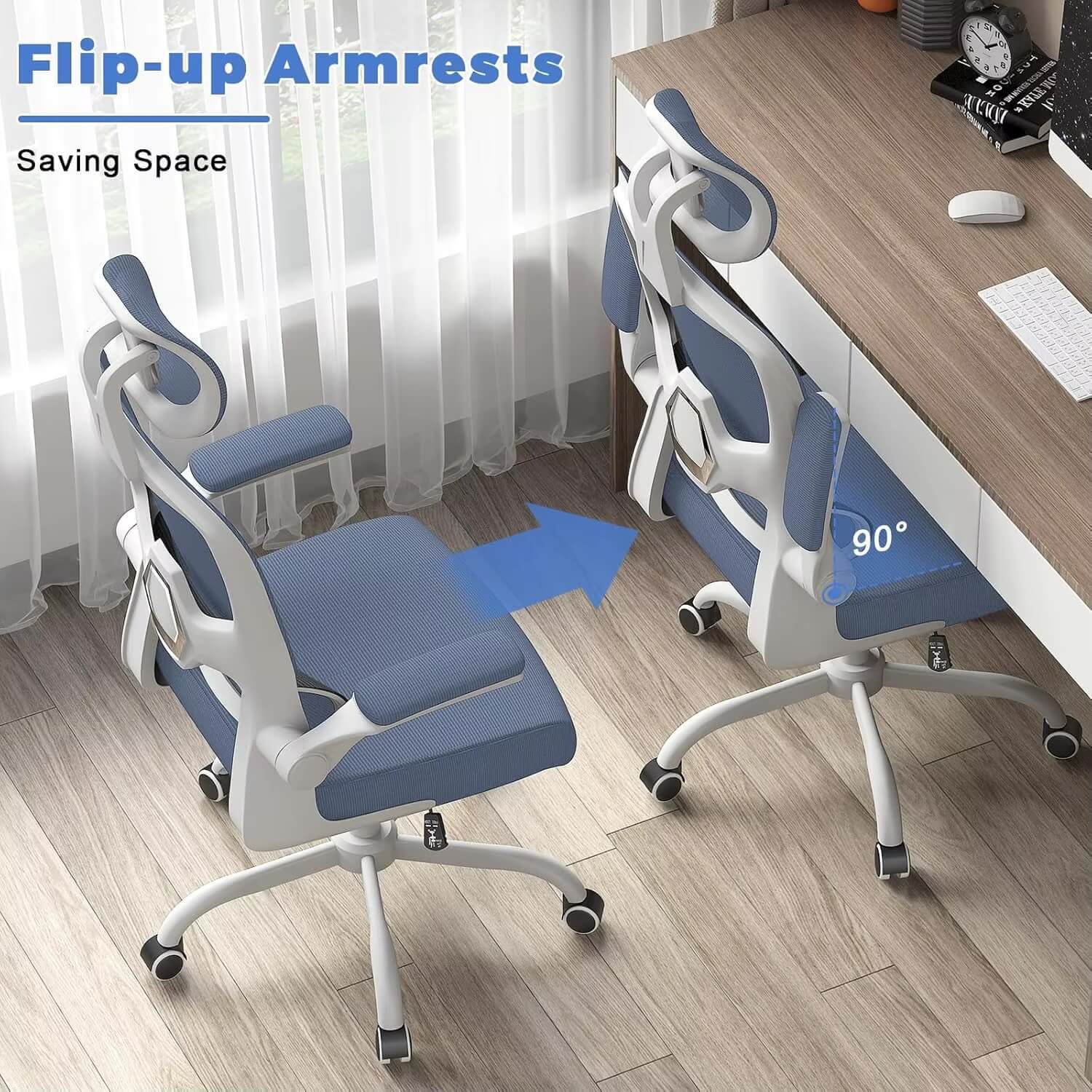 Ergonomic Office Chair with Lumbar Support, Home study room Office Desk Computer Chairs Adjustable Headrest and Flip-up Armrests chairs in blue
