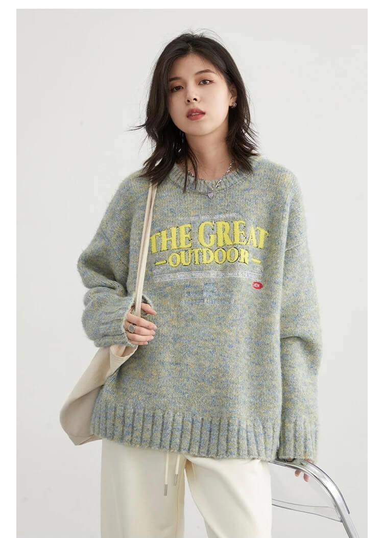 Contrast Embroidery Crewneck Sweater Women's Round O-Neck Knitwear Colorful Silk Mahai Pullovers Womens Jumpers Autumn Spring Sweaters for Woman in Light Gray grey Green The Great Outdoor